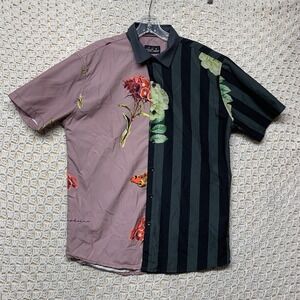 Public Record Shirt Mens M Stripped Floral Hawaiian Button Up‎ Short Sleeve